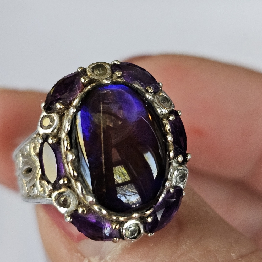 Vintage ✨️ Ammolite & Amethyst Ring in Palladium Sterling Silver Sz 6! - Picture 6 of 12